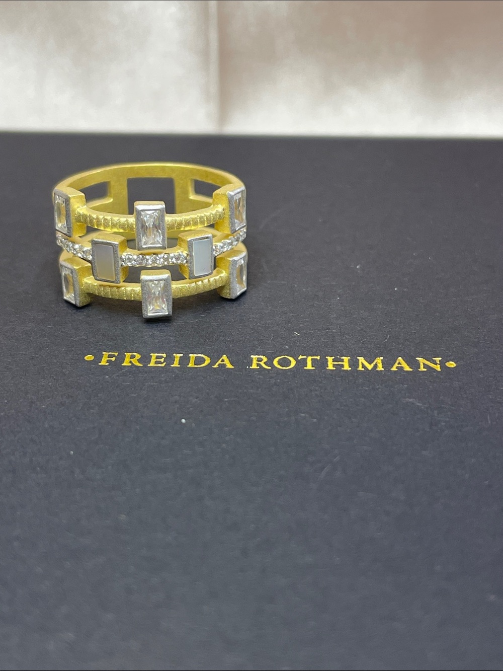 Freida Rothman Sterling Silver 3 Layer MOP Gold Ring Size 9 NWT $259 MSRP